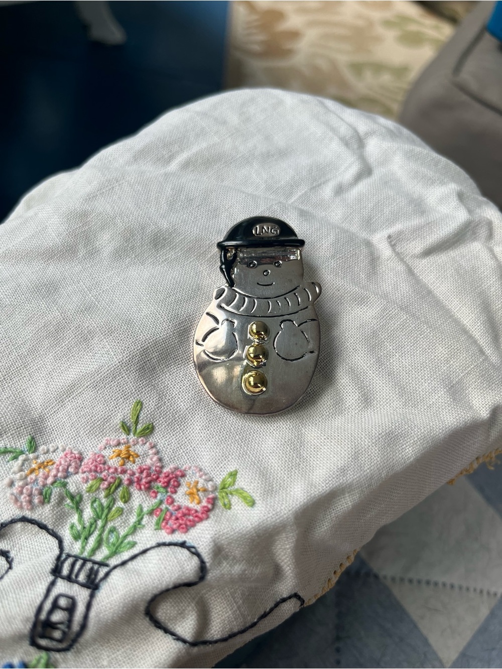 Silver Snowman Pin with Gold Buttons